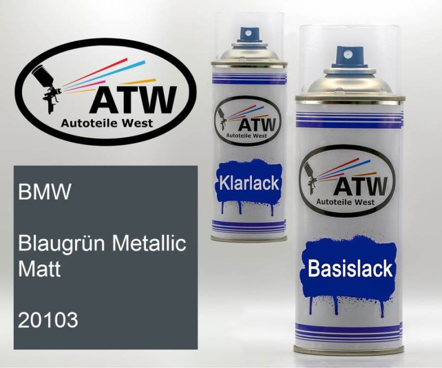 BMW, Blaugrün Metallic Matt, 20103: 400ml Sprühdose + 400ml Klarlack - Set, von ATW Autoteile West.